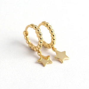 Minimalist S925 sterling silver gold earrings with beaded hoops and star pendants