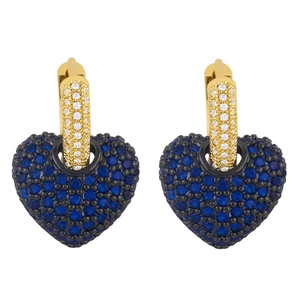Elegant gold heart earrings with micro-pave blue stones and sparkling diamond accents