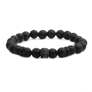 Mens gothic skull bracelet with natural black lava stones and matte alloy bead