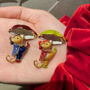 Cute mouse with umbrella brooches featuring colorful enamel finish and crystal accents