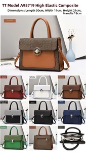 Detalle de compartimentos internos y cierre circular metálico del bolso de mujer