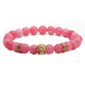 Natural Agate Stone Beaded Bracelet With Alloy Skull Charm Elastic Gothic Punk Jewelry Unisex