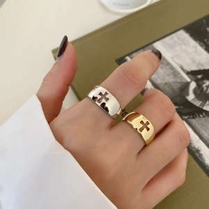 Polished S925 sterling silver wide open rings with hollow cross design in gold and silver