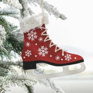 Red ice skate Christmas tree ornament with white snowflake patterns and faux fur trim