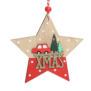 Wooden star Christmas ornament with gold XMAS lettering and red car cutout