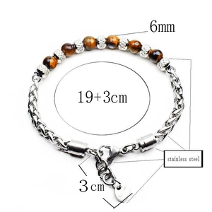 6mm tiger eye stone bracelet with adjustable stainless steel chain for men