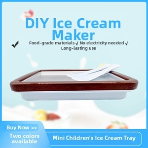 Detail view of manual ice cream maker plate with two spatulas and food-grade metal tray