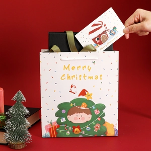 Cartoon Christmas gift bag with Merry Christmas greeting card on red background