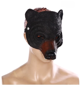 Detailed side view of a realistic black bear half-mask with textured fur and elastic strap