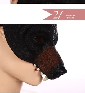 Detailed close-up of realistic bear mask featuring faux fur texture and sharp tooth details