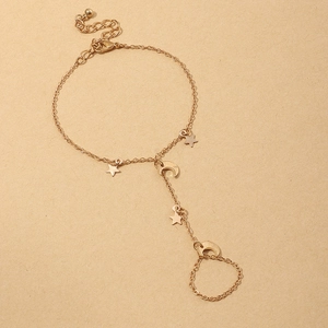 Minimalist gold star and moon pendant hand chain bracelet with adjustable lobster clasp