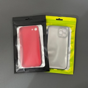 Close-up of matte resealable packaging bags showing red and translucent phone cases