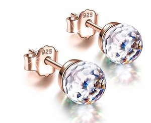 Detailed view of S925 silver stud earring with rose gold finish and clear crystal ball