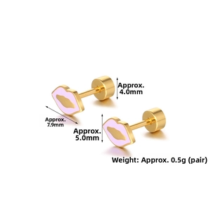 Detailed size view of mini pink enamel lip stud earrings in gold-plated steel
