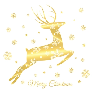 Golden Christmas reindeer window sticker with snowflakes and Merry Christmas lettering