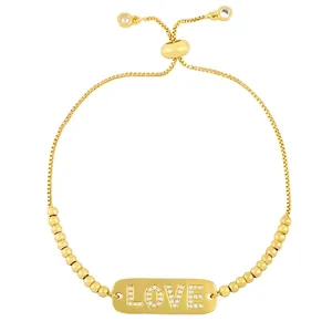 Pulsera LOVE dorada ajustable con placa de cristales pavé y cadena de bolas