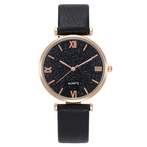 Fashion Women Starry Sky Quartz Watch Rose Gold Case Roman Numerals Leather Strap Elegant Analog Wristwatch
