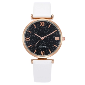 Starry sky dial quartz watch for women with rose gold case and white leather strap