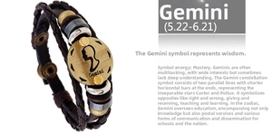 Macro shot of the Gemini zodiac bronze charm on a woven leather bracelet band