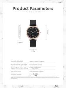 Detailed size specifications for women's starry sky watch with black leather strap