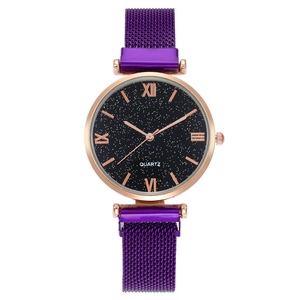 Starry sky women's quartz watch with purple magnetic mesh strap and rose gold case