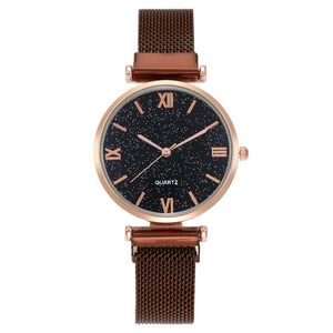 Elegant rose gold starry sky dial watch with magnetic mesh band and Roman numerals