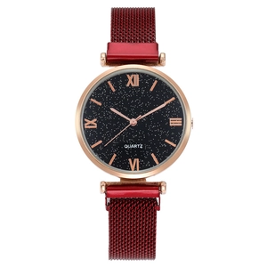 Starry sky dial women's quartz watch with burgundy magnetic Milanese strap and gold case