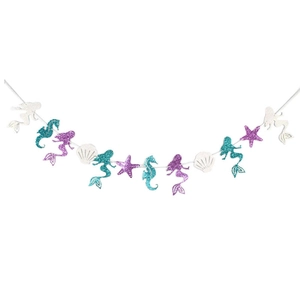 Glittery mermaid theme party banner with seahorse and starfish cutouts on a white background