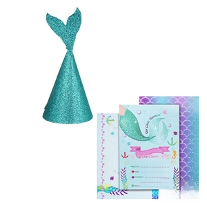 Glittery mermaid party hat and blue sea-themed invitation cards for birthday decor