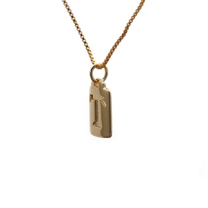 Detailed view of a gold-plated copper rectangle pendant with engraved letter T on a box chain