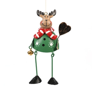 Handcrafted metal reindeer Christmas hanging ornament with bell and polka dot sweater