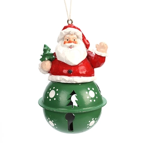 Christmas tree ornament with Santa Claus figurine and green metal bell on white background