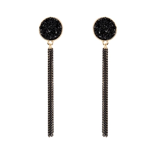 Retro black tassel earrings with dark rhinestones and long gold chain fringe for women