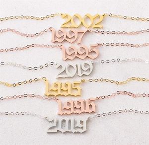 Detailed view of Gothic year numbers 2002 to 2019 pendants in gold and silver steel