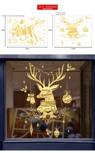 Golden Christmas window sticker detail showing reindeer, snowflakes and 83x62cm dimensions