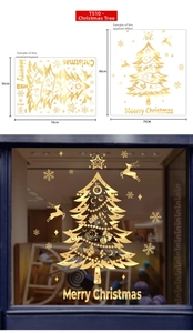 Golden Christmas tree window decals with reindeer and snowflake designs for glass doors