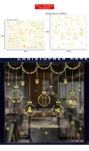 Golden Merry Christmas window decals with snowflakes, reindeer and hanging ornaments