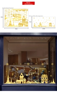 Detailed view of golden Christmas window stickers with festive trees, reindeer and snowflakes