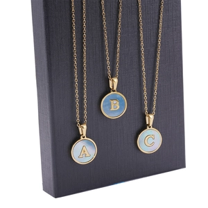 18K gold stainless steel necklaces with blue shell A-Z letter pendants in gold frame