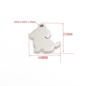 Polished silver stainless steel dog pendant charm measuring 21mm by 16mm for DIY jewelry