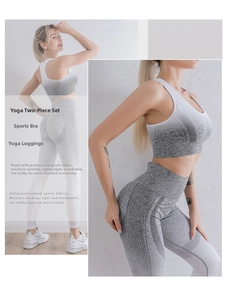 Detail des grau-verlaufenden nahtlosen Yoga-Sets mit Mesh-Struktur für atmungsaktiven Sport