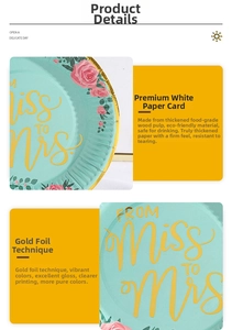 Dettaglio del piatto di carta verde menta con scritta oro From Miss To Mrs e trama spessa