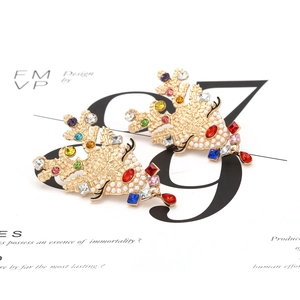 Golden reindeer earrings with colorful rhinestones and pearls for Christmas