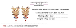 Detailed view of ornate Christmas reindeer earrings featuring colorful rhinestones and pearls