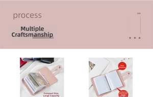 Detail view of pink leather card holder showing thick PVC slots and precise stitching