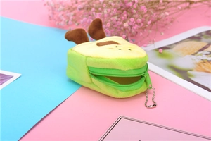 Close-up of cute avocado plush coin purse with zipper and metal chain on a pastel background