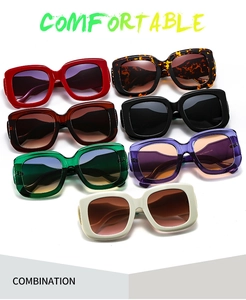 Detail showing various colors of wide frame square sunglasses with chunky temples