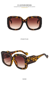 Detail view of leopard print square oversized sunglasses with brown gradient lenses
