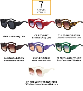 Detailed grid of oversized square fashion sunglasses in seven assorted frame and lens colors