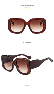 Detail showing front and side views of oversized tea brown sunglasses with thick temples